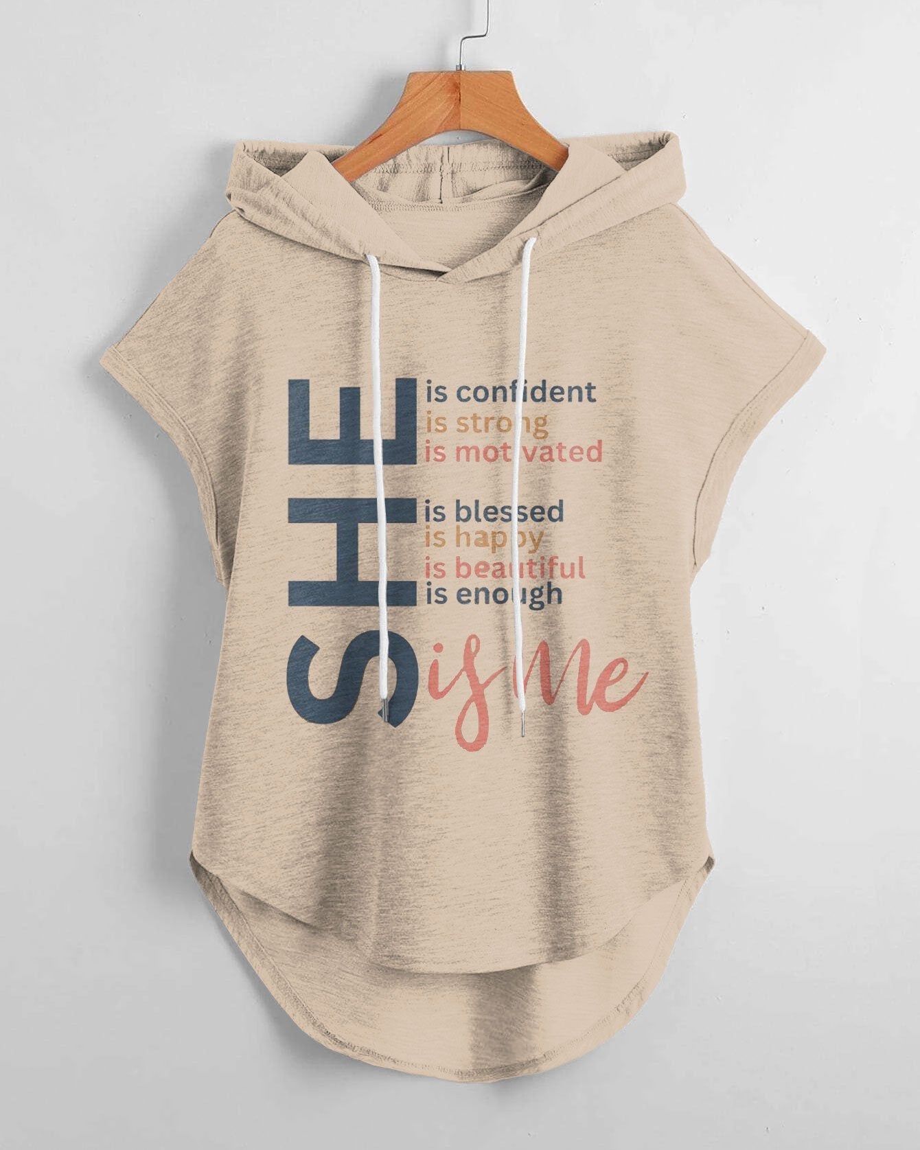 She Is Me Low Hem Drawstring Hooded Tee