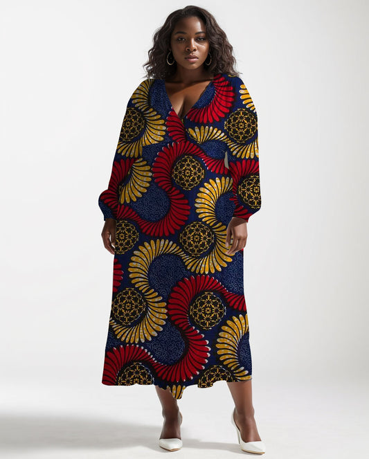 Women's Elegant Colorblock African Print Wrap Midi Dress