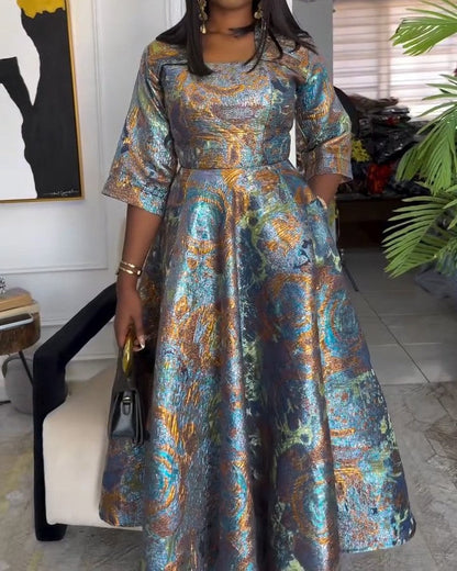 Elegant Square Neck Half Sleeve Pocket Maxi Dress