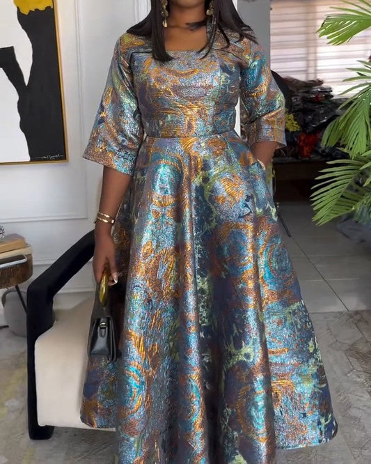 Elegant Square Neck Half Sleeve Pocket Maxi Dress