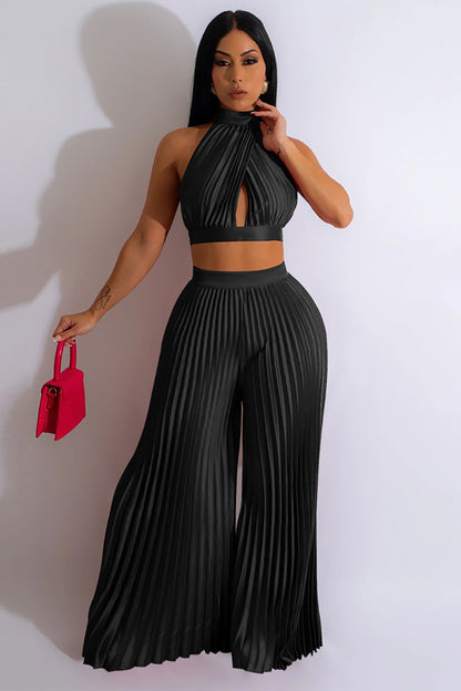 Halter Backless Crop Top Wide Leg Pleated Pants Two Pieces Set