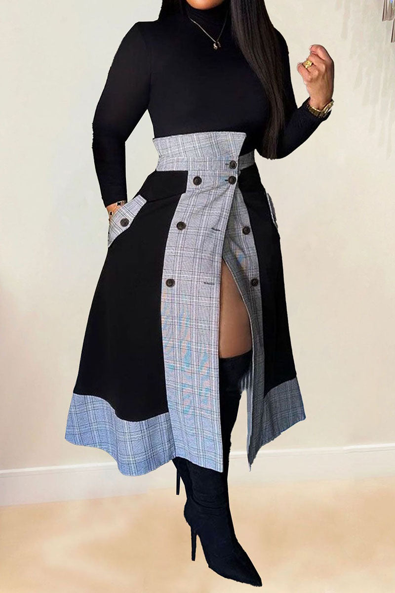 Mock Neck Long Sleeve Top Colorblock Plaid Button Pocket Slit Midi Skirt Matching Set - Black