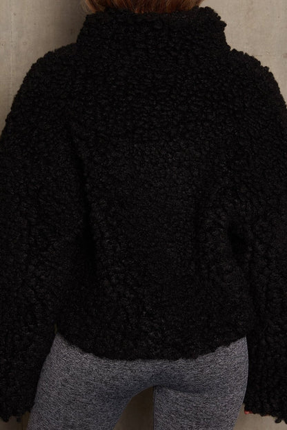 Zip-Up High Neck Long Sleeve Solid Color Fuzzy Coat-OffWhite