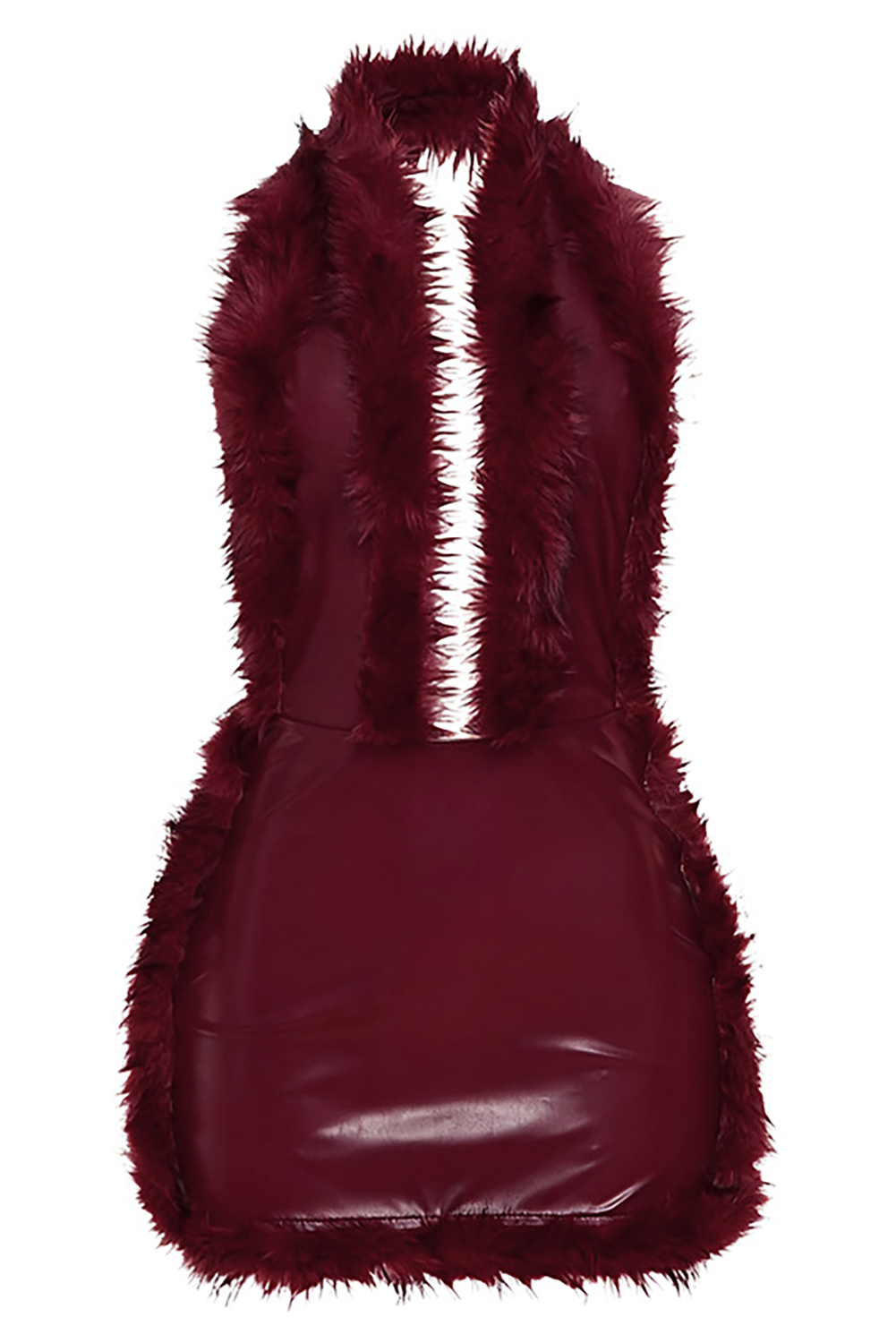 Furry Trim Deep V Neck Halter Faux Leather Bodycon Mini Dresses-Black