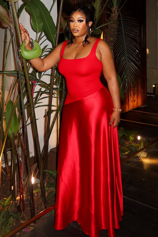 Square Neck Sleeveless Patchwork Formal Party Maxi Dresses-Red [Pre Order]