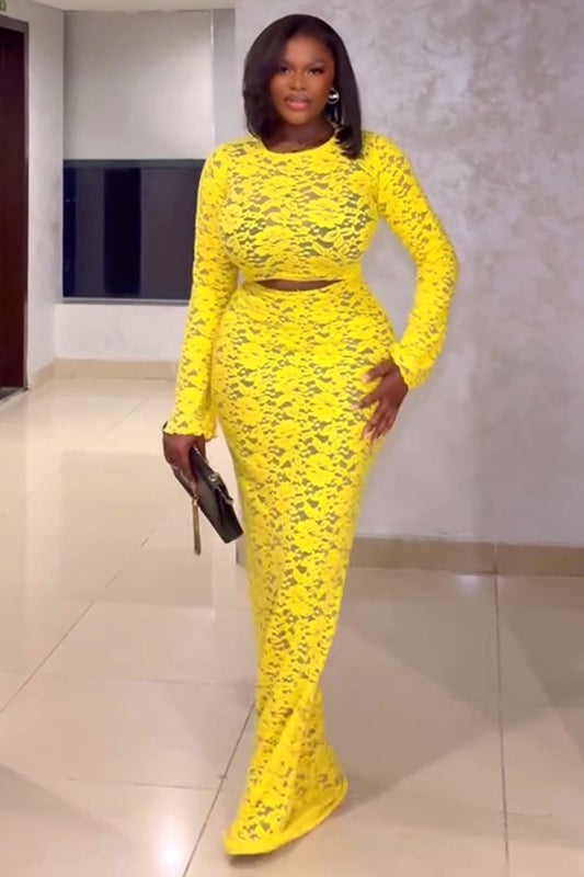 Guipure Lace Long Sleeve Top Slim-Fit Maxi Skirt 2pcs Set-Yellow [Pre Order]