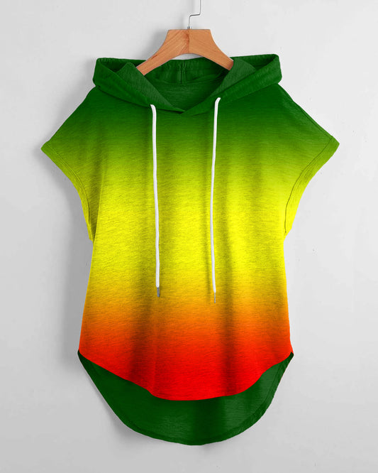 Reggae Color Contrast Drawstring Hooded Tee