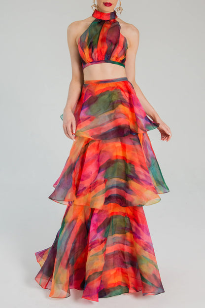 Multicolor Print Halter Layered Maxi Skirt Prom Two Piece Set