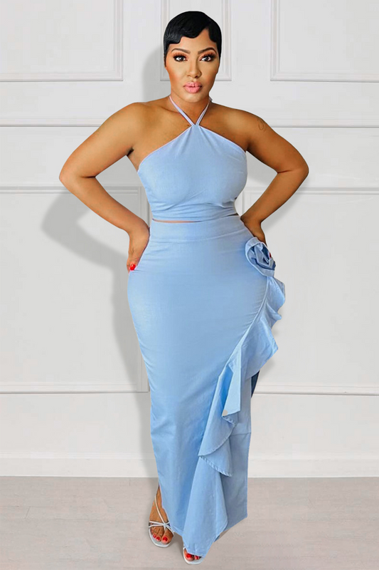 Solid Color Halter Crop Top 3D Flower Ruffled Slit Bodycon Maxi Skirt Set-Blue