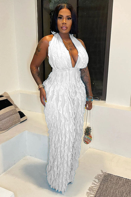 Textured Sleeveless Halter High Waist Fringed Straight Leg White Party Jumpsuit
