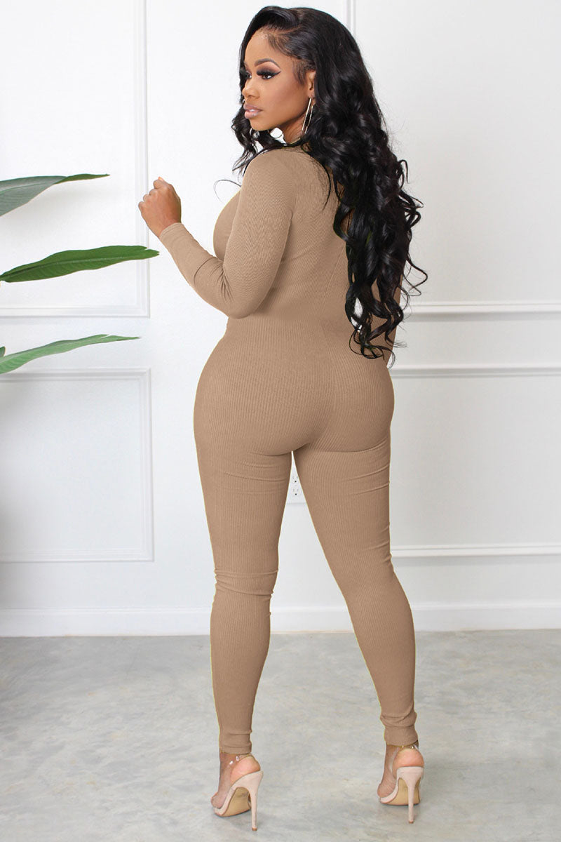 Knit Bodycon Long Sleeve Zipper Sporty Jumpsuit