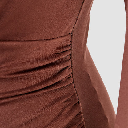 Brown V-neck Long-sleeved Pleated Dress