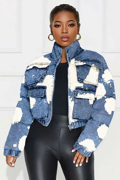 Denim Pattern Print Stand Collar Pocket Zip Crop Padded Jacket-Blue