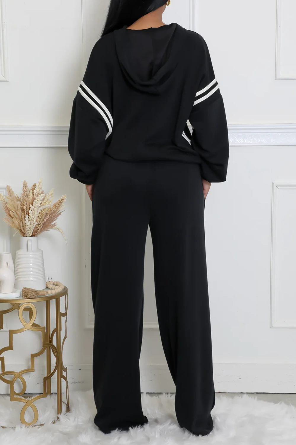 Colorblock Trim Long Sleeve Hoodie Straight Leg Pants Casual 2pcs Set-Black