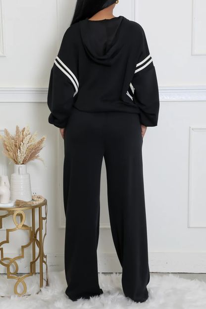 Colorblock Trim Long Sleeve Hoodie Straight Leg Pants Casual 2pcs Set-Black