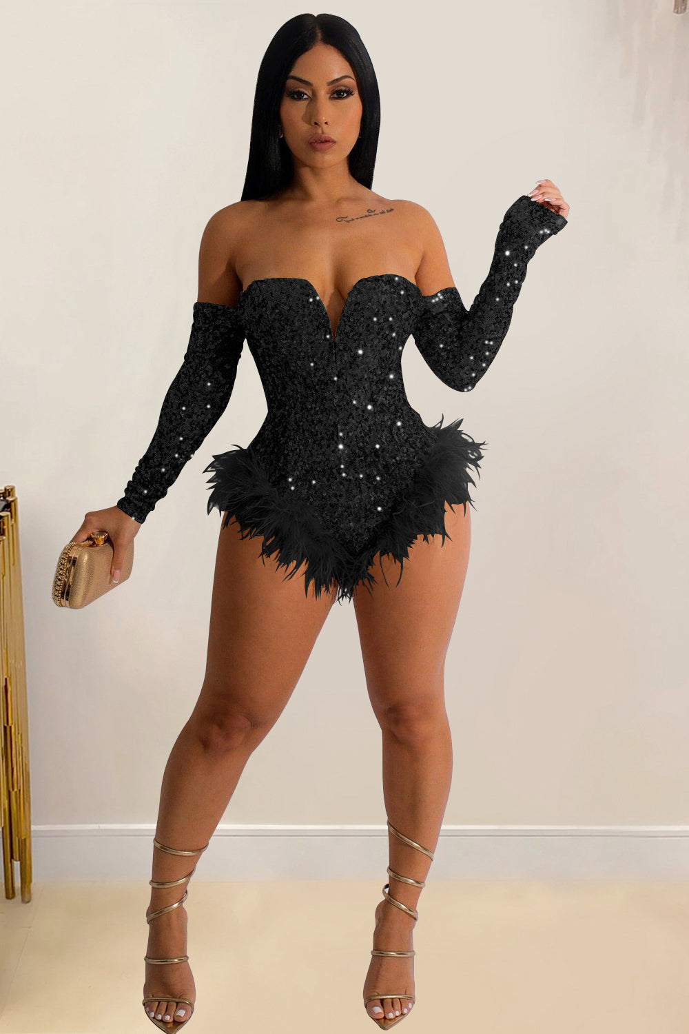 Sequin Off Shoulder V Neck Feather Trim Party Bodysuit