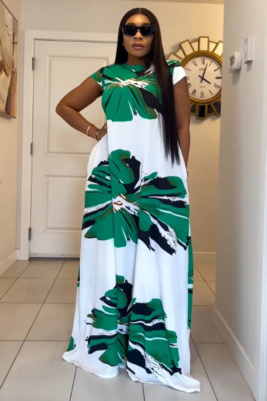 Cap Sleeve Floral Print Loose-Fit Casual Maxi Dresses-White [Pre Order]
