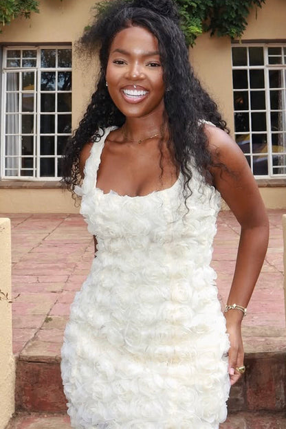 Square Neck Sleeveless 3D Flower Decor Party Mini Dresses-White [Pre Order]