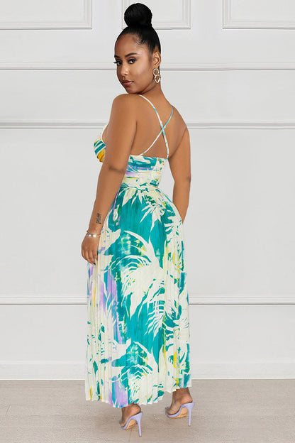 Pattern Print Halter Crossover Backless A-Line Pleated Flowy Vacation Midi Dresses