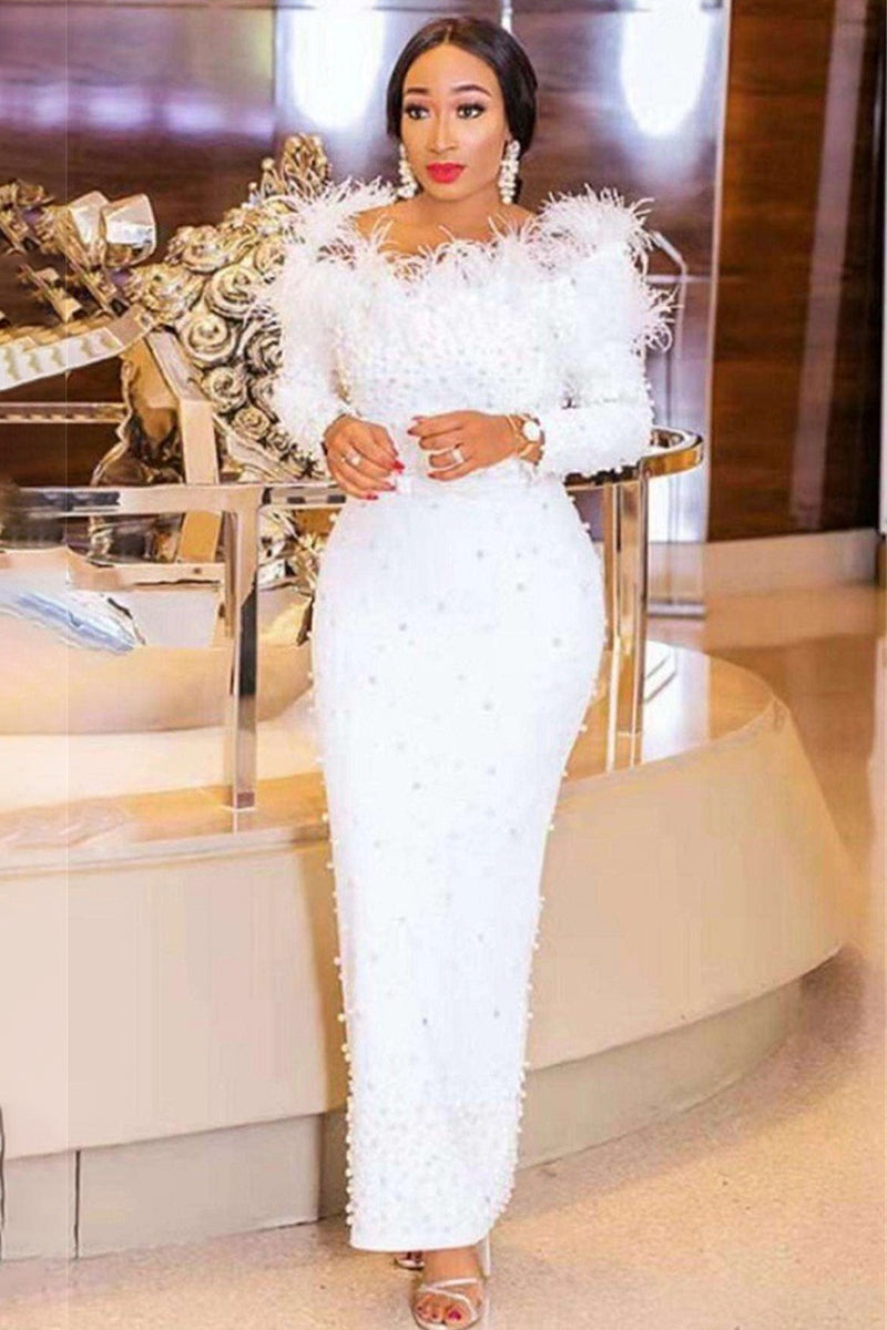 Off Shoulder Feather Pearl Bodycon Maxi Dresses