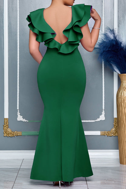 V Neckline Bodycon Fishtail Hem Ruffled Gowns Maxi Dresses-Green