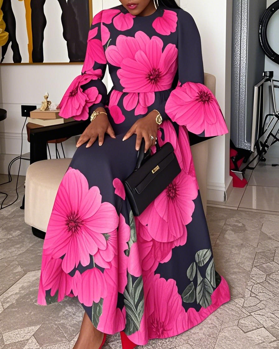 Women Fashion Elegant Formal Round Neck 3/4 Sleeves Floral Pattern Maxi Dress