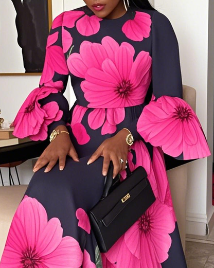 Women Fashion Elegant Formal Round Neck 3/4 Sleeves Floral Pattern Maxi Dress