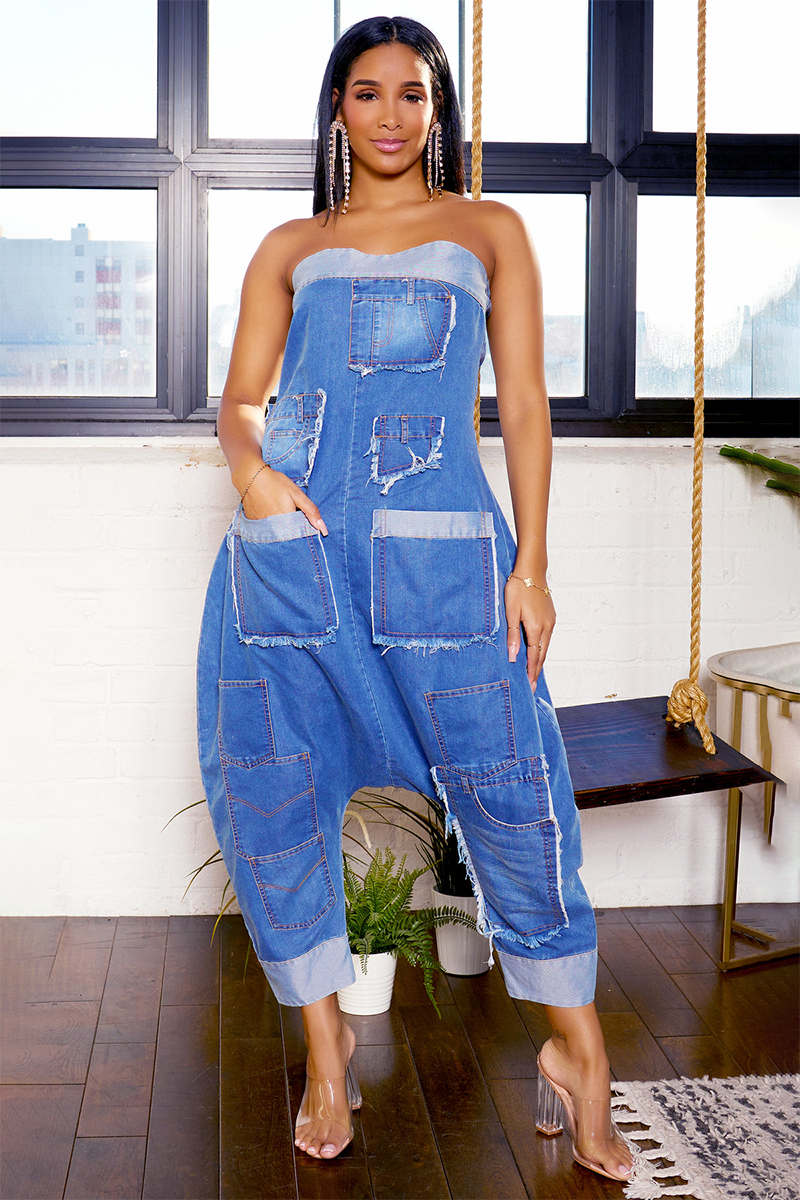 Strapless Pockets Raw Edge Harem Leg Denim Jumpsuit-Blue [Pre Order]