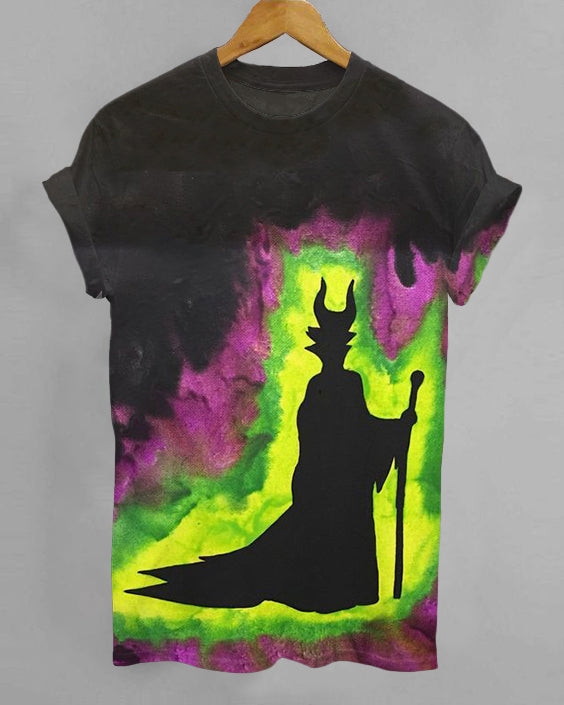 Halloween Gradient Color Witch Oil Painting Crew Neck Short Sleeve Shirt