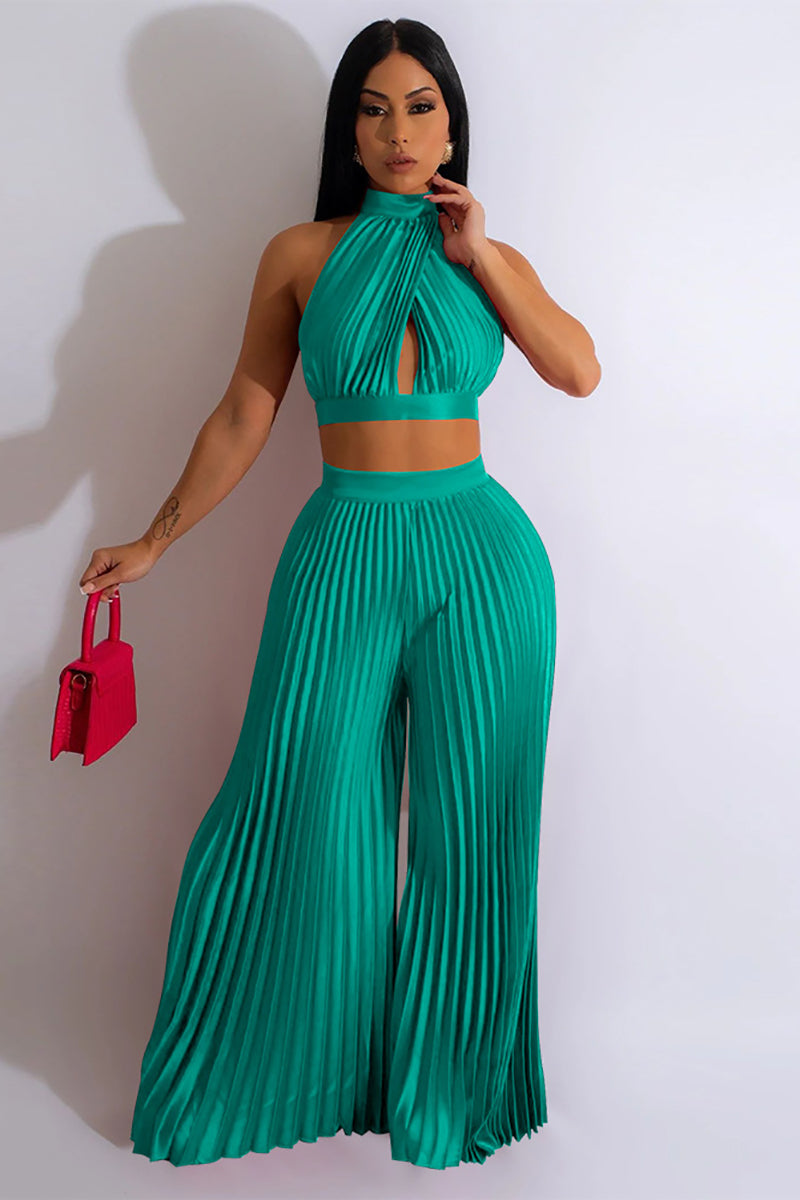 Halter Backless Crop Top Wide Leg Pleated Pants Two Pieces Set