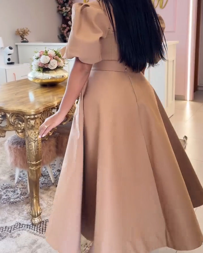 Women Summer Formal Elegant Square Neck Short Sleeve A-Line Midi Dress