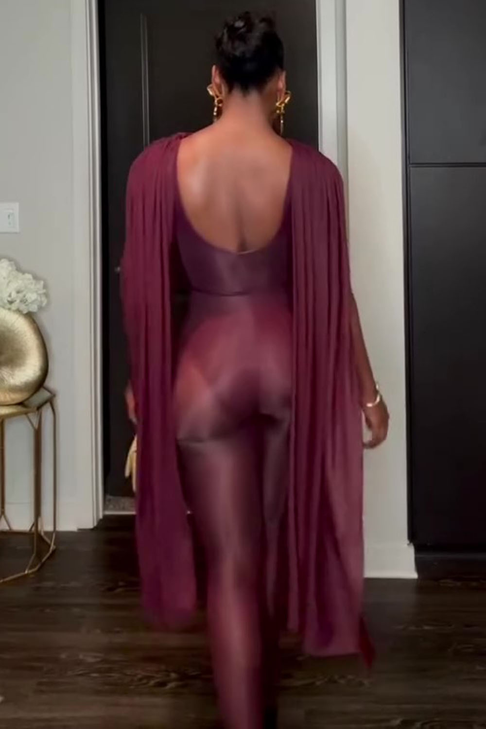 Cowl Neck Cape Sleeve Semi-Sheer Bodycon Jumpsuit-Burgundy [Pre Order]