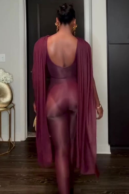 Cowl Neck Cape Sleeve Semi-Sheer Bodycon Jumpsuit-Burgundy [Pre Order]