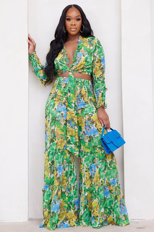 Deep V Neck Knot Print Wide Leg Pants Two Piece Set