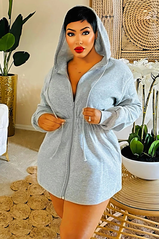 Elastic Waist Long Sleeve Solid Color Hooded Mini Dresses-Grey [Pre Order]