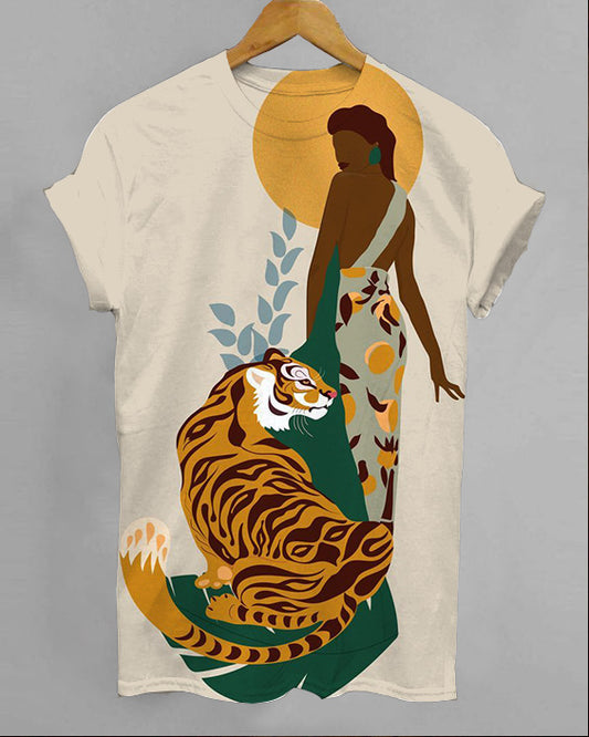 Artistic Human And Tiger Short Sleeve Casual T-Shirt