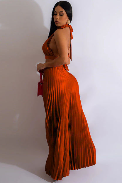 Halter Backless Crop Top Wide Leg Pleated Pants Two Pieces Set