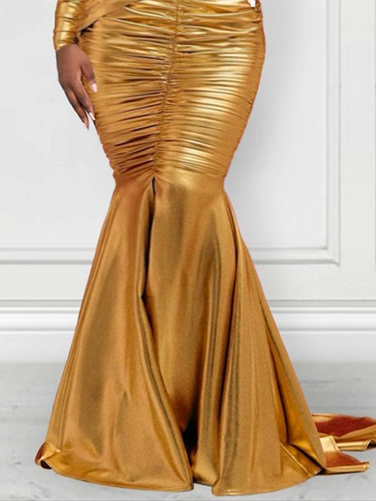 Pleated Solid Color Plus Size One-Shoulder Maxi Dresses