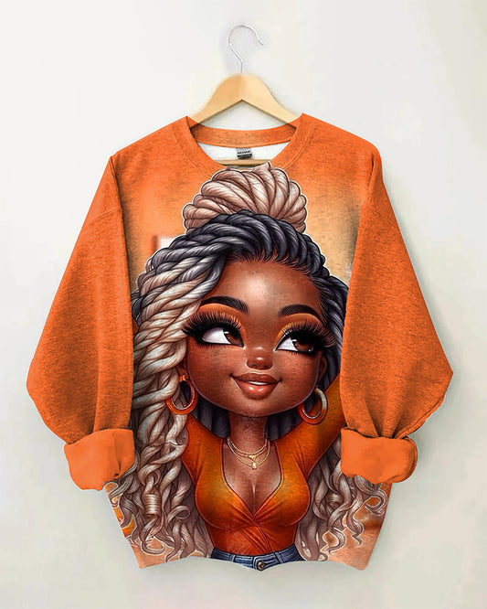 Dreadlocks Cute Cartoon Black Girl Crew Neck Long Sleeve Sweatshirt