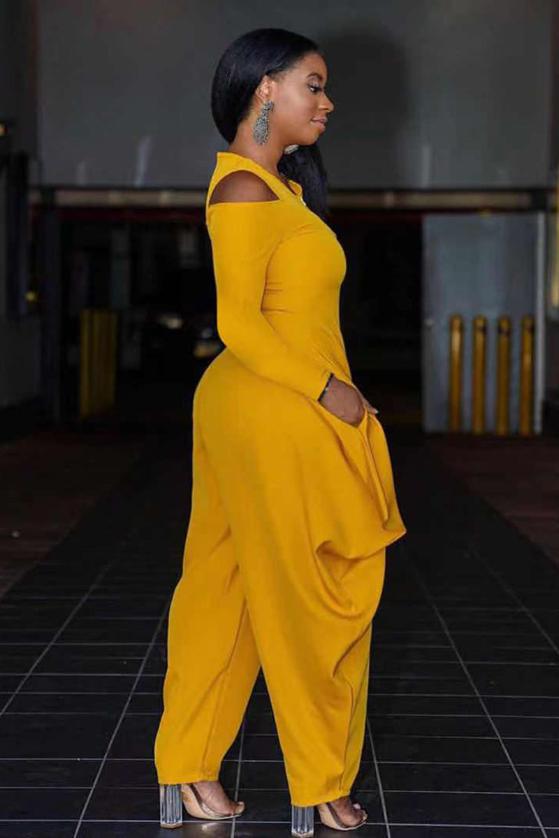Cold Shoulder Half Zip Irregular Harem Casual Jumpsuit
