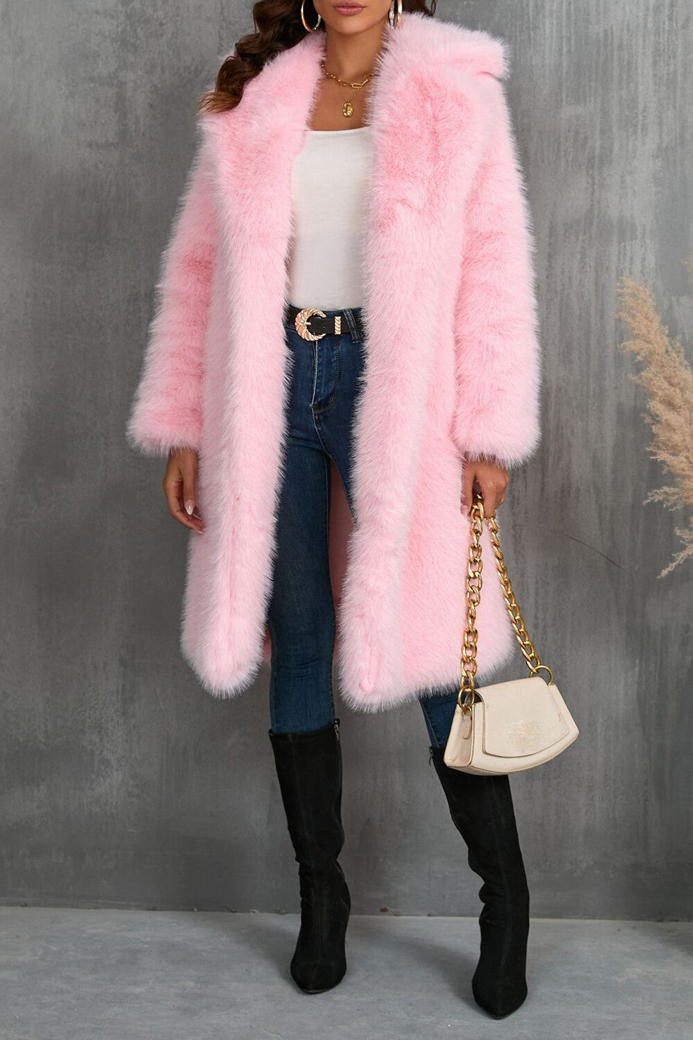 Notch Collar Long Sleeve Faux Fur Fuzzy Overcoat-Camel