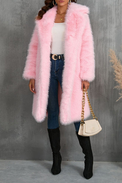 Notch Collar Long Sleeve Faux Fur Fuzzy Overcoat-Camel