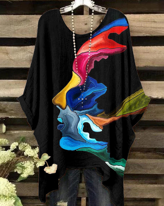 Round Neck Colorful Wave Face Art Print Irregular Shirt