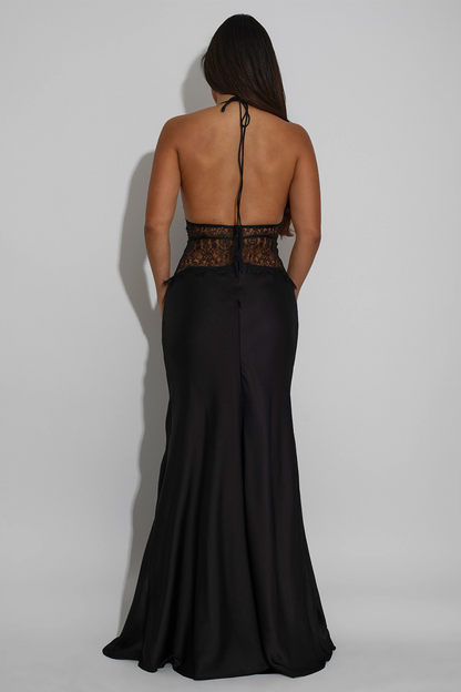 Lace Patchwork Deep V Neck Halter Satin Slim Fit Maxi Dresses-White