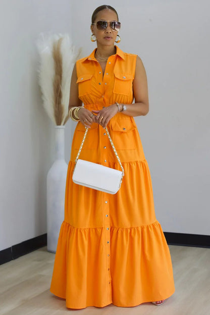 Cargo Pocket Tiered Cinched Sleeveless Daily Maxi Dresses-Orange