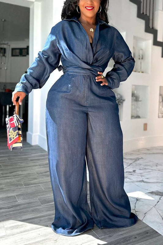 Fashionable Faux Denim Belted Wide Leg Jumpsuit