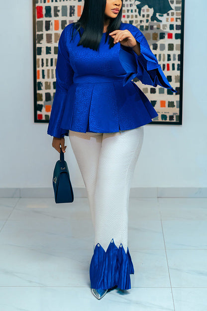 Elegant Bell-Sleeve Blouse & Tweed Wide-Leg Pants