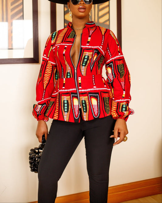 Women's Fashion Print Zipper Long Sleeve Top