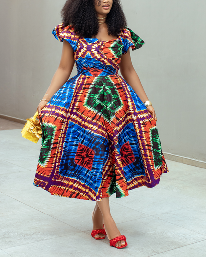 Women's Casual Print Zipper Midi Dress