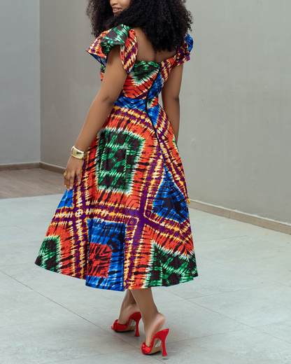 Women's Casual Print Zipper Midi Dress